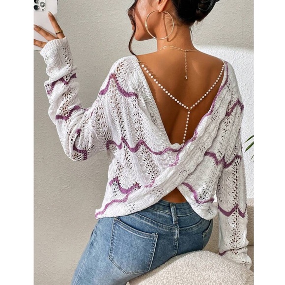 Sweaters - Twist Back Pearl Detail Pointelle Knit Sweater